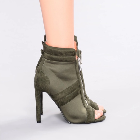 Zip up Heel Booties Olive Green and Orange Peep toe - Picture 6 of 6